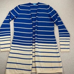 J McLaughlin Cardigan Sweater Womens Size S Blue/Ivory Striped Open Front